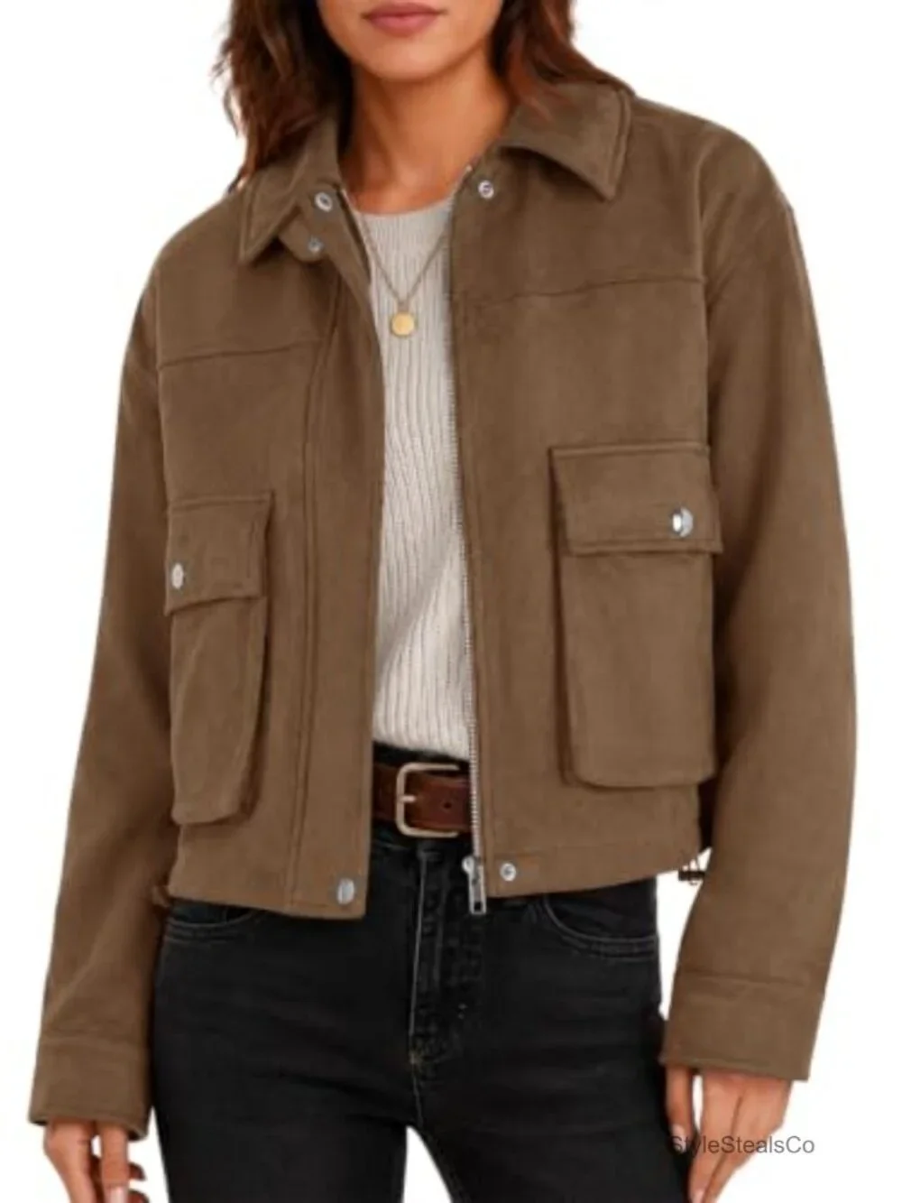 Womens Faux Suede Bomber Jacket Cropped Zip Up Casual